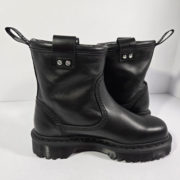 NEW Dr Martens Anistone Lo Black Leather Biker Boots Womens Size 6 Mens 5 LA004 - Picture 2 of 6